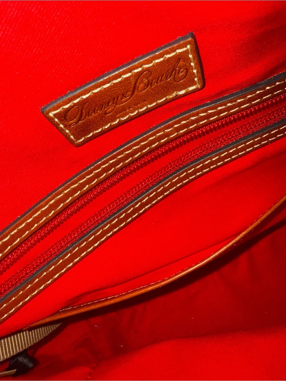 Dooney & Bourke Grey Pebble Leather Satchel with Brown Trim and Red Accent